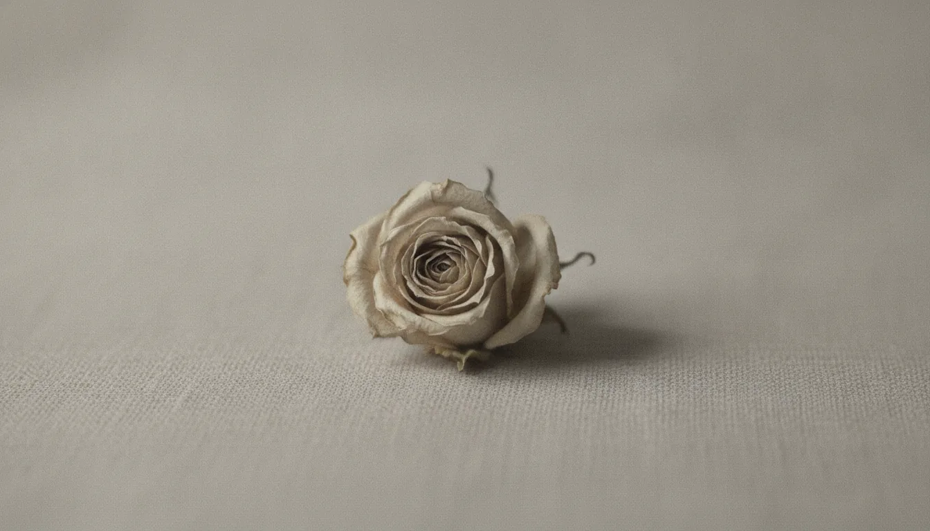 A single dried, withered rose lying on pale grey linen