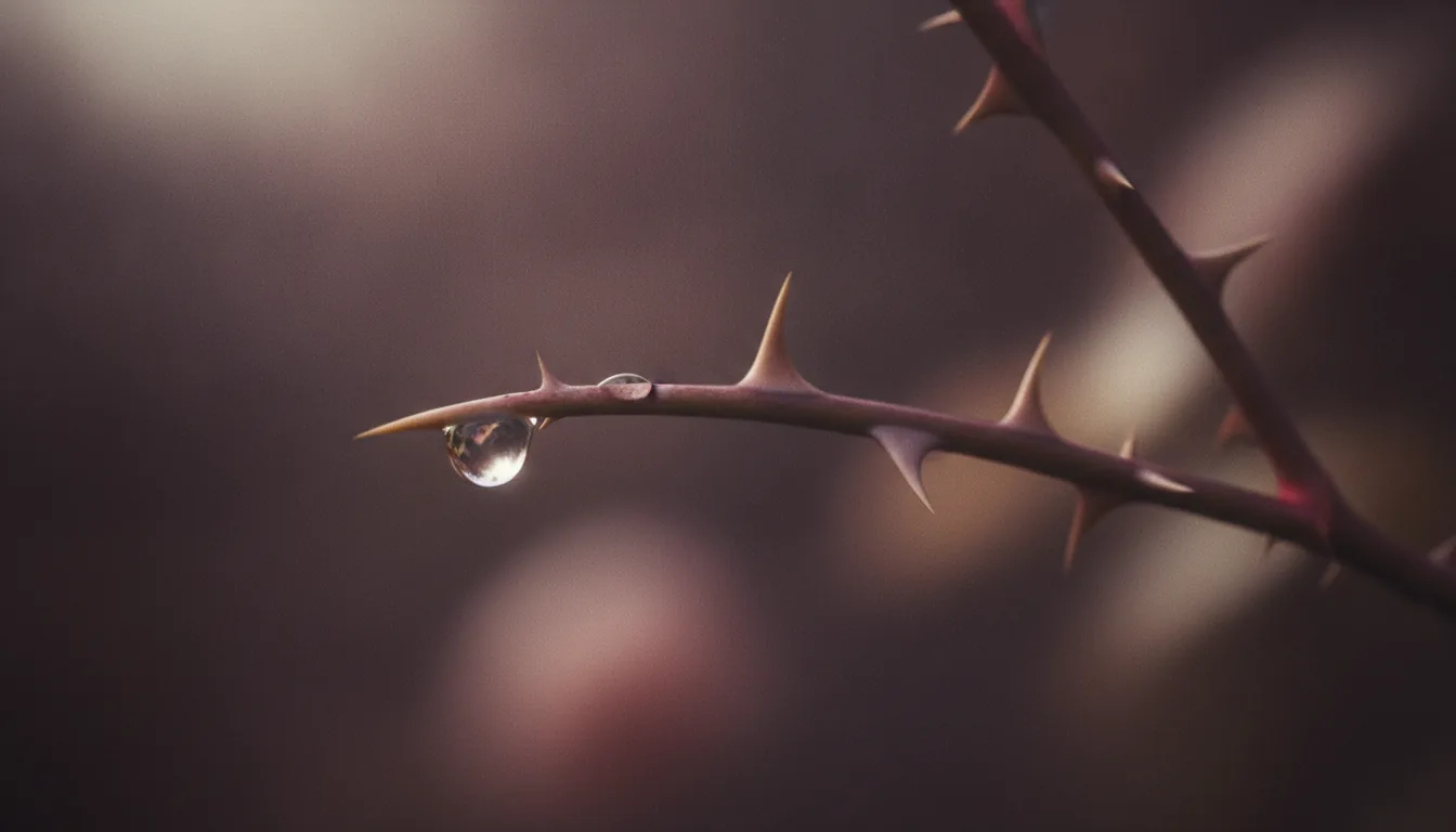 A thorned rose stem holding one trembling dew drop in moonlight